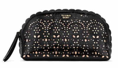 VICTORIA'S SECRET BLACK PETAL EDGE BEAUTY POUCH BAG CLUTCH TRAVEL FLORAL CUT OUT