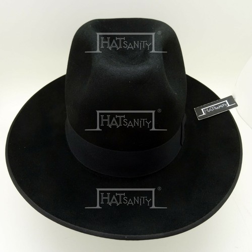 CLASSIC Fur Felt Fedora Trilby Cowboy Hat Stiff Wide Brim (8cm) | Black | 52cm - Picture 5 of 8