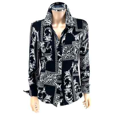 CACHE Snap Blouse Black White Grey Silver Leopard Greek Key Long Sleeve XS