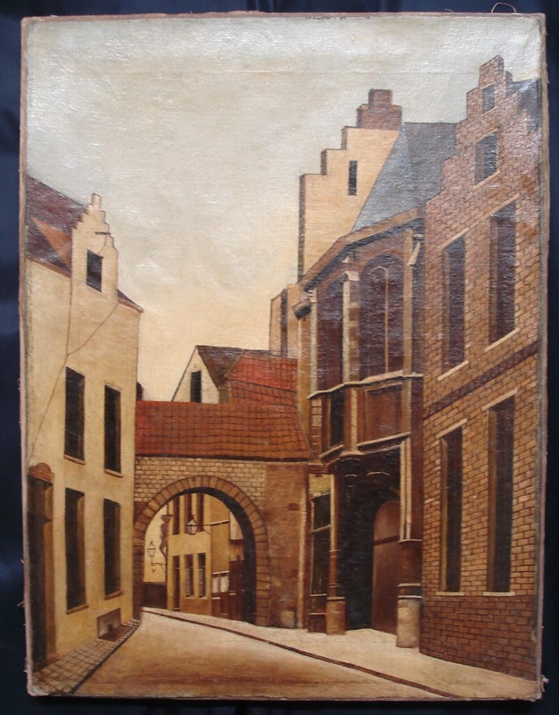 Early Antique Oil Painting on Canvas, Street View