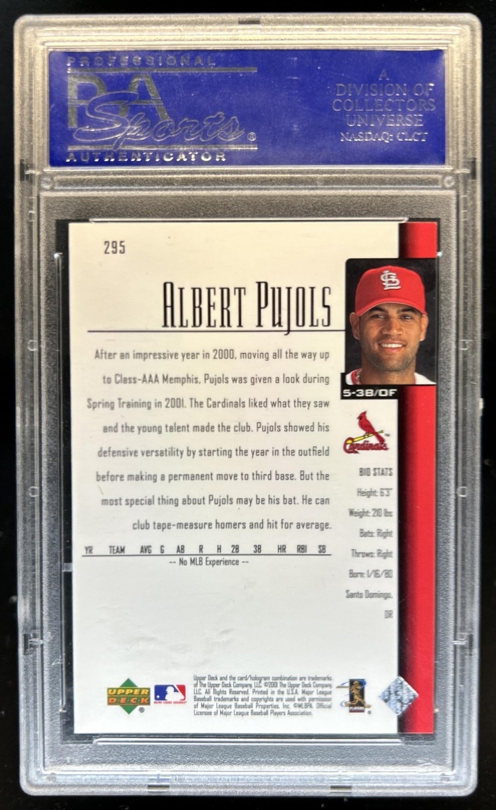 2001 Upper Deck Albert Pujols Rookie RC #295 Cardinals PSA 10 GEM MINT view 2