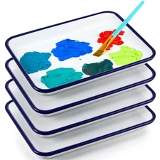 4 White Butcher Tray Palette Rectangular Serving Tray Enamel Metal Classic Sh...