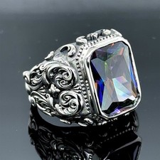 925 Sterling Silver Men Mystic Topaz Ring, Silver Handmade Men Engraved Ring
