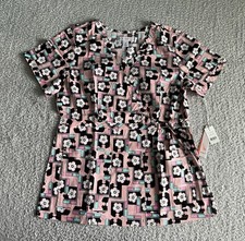 Koi Stretch Scrub Top Women  s Sz Medium Pink Puzzled Floral Medical Nursing