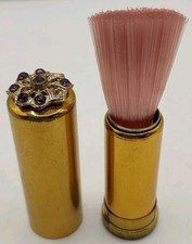 Vintage Retractable Make Up Brush Jeweled Top Purple Stones Brass Casing 2.25" T
