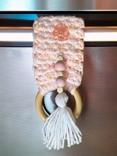 Crochet Handmade Kitchen Dish Towel Holder Pink with Button Wood Ring