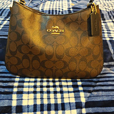 Coach Women  s Brown Signature Logo Small Shoulder Bag Zip Gold Hardware Charm
