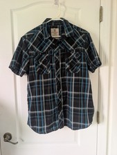Route 66 Distinctive Details Men's Black  Blue Plaid Button Down Shirt Size L