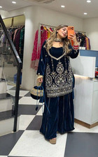 New Launching Velvet Blue Kurta Palazzo With Fancy Dupatta For Women Wear