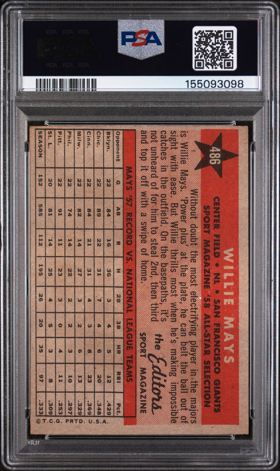 1958 Topps Willie Mays All Star #486 PSA 6 Beautiful Card 😍 view 2