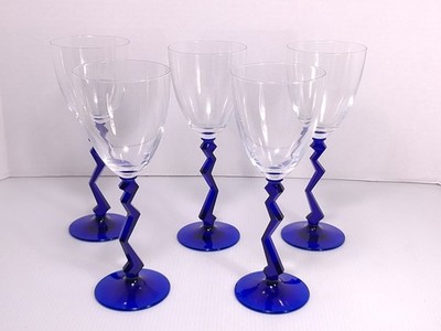 Set of 5 Vintage Blue Zigzag Wine Glasses by Schott Zwiesel Memphis Style MCM