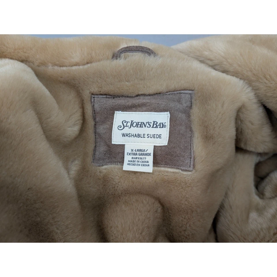 St John's Washable Suede Faux Fur Hooded Leather Coat Jacket Womens XL Beige Tan - Image 3 of 4
