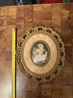Vintage Round Brass Picture Frame with Quilted Inset and Lady Portrait 7.5x5.5 — photo 2