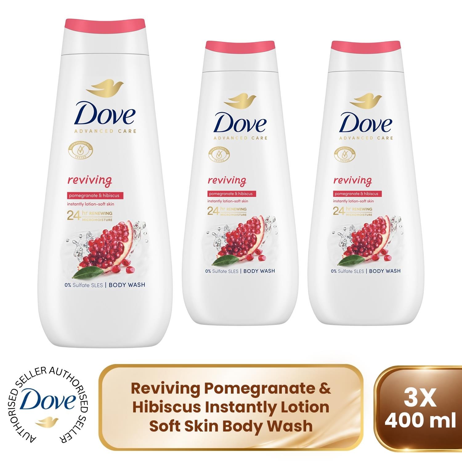 Dove 'Body Wash' Reviving for 24Hrs Renewing Micromoisture, 3x 400ml in White - Image 3