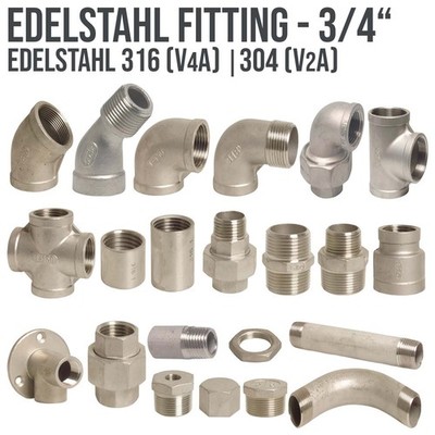 Edelstahl Fitting Fittings Gewinde Nippel Winkel Bogen Muffe V4A 316 - 3/4''