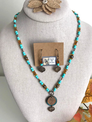 Norwegian Squirrel Coin Beaded Necklace with Brass Leaf Earrings, Fall Jewelry