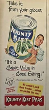 Kounty Kist Peas Le Sueur MN Great Value Big Can Grocer Vintage Print Ad 1952