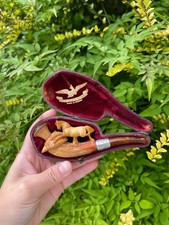 Antique Vienna Meerschaum Pipe Running Horse Sterling Silver Amber Stem Cased