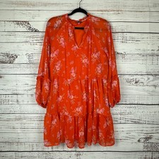 Womens Vince Camuto Orange Floral Tiered Flowy Midi Dress Sheer Long Sleeve M