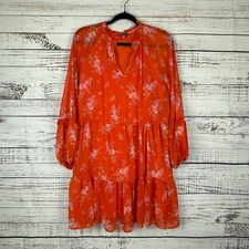 Womens Vince Camuto Orange Floral Tiered Flowy Midi Dress Sheer Long Sleeve M