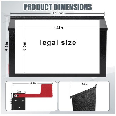 Modern Black Wall Mount Mailbox with Flag - Rust-Proof Steel
