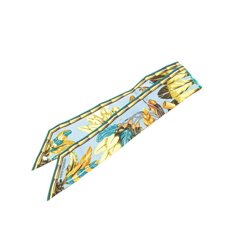 HERMES Twilly Brazil Scarf in Light Blue Multicolor Silk for Women