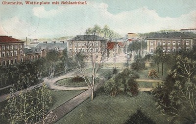 Postcard Chemnitz from 1909 - Wettinplatz with slaughterhouse - publisher Globus Kötzschenbroda
