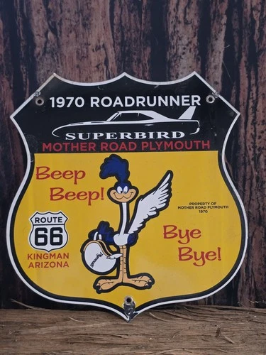 VINTAGE 1970 PLYMOUTH ROUTE 66 ARIZONA ROADRUNNER PORCELAIN SIGN 11"×12"