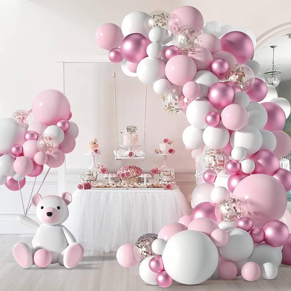 135 Pcs Pink Balloon Garland Arch Kit, Pink White Latex Balloons Arch Kit, Part