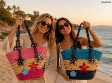 Damen Strandtasche Shopper Basttasche Korbtas...