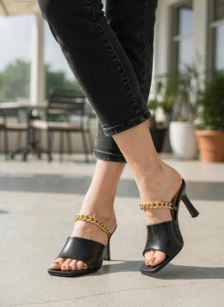 NEW Women's Gold-Chain Slingback Mules – Square-Toe Open-Toe High