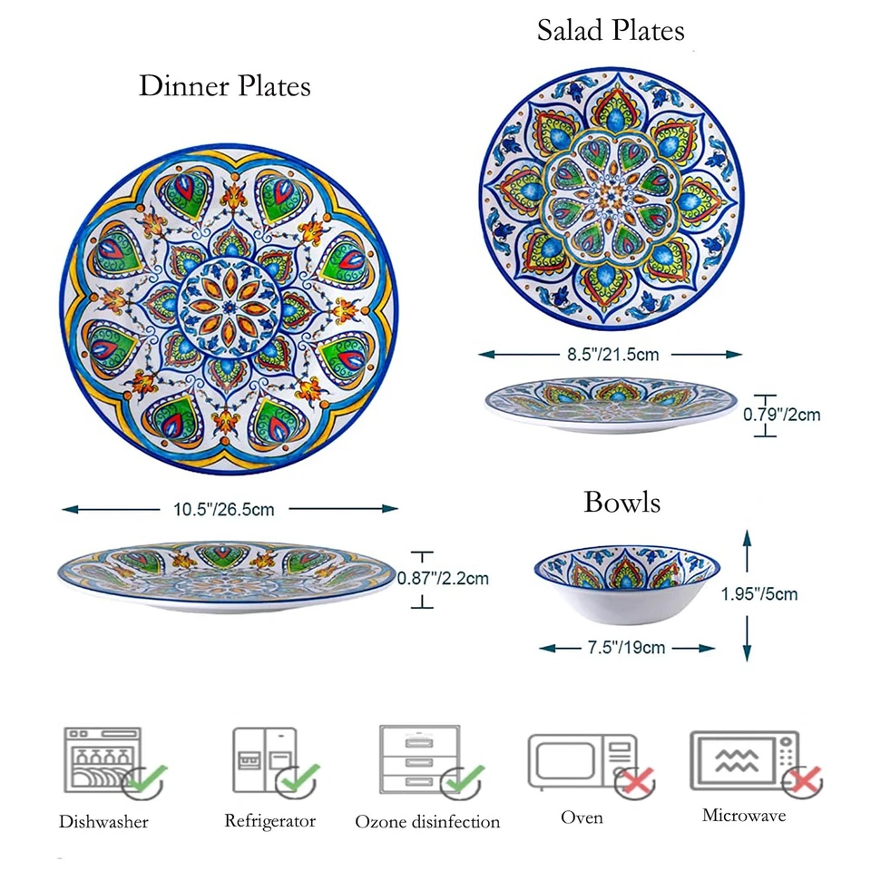 Juego de vajilla de melamina, 12 piezas platos de cena juegos de cuencos para interiores y exteriores... Foto 2 de 4