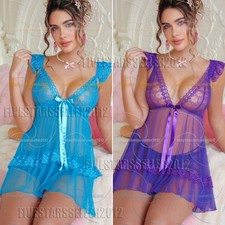 2pcs/Set Women Sexy Lace Trim Mesh Slip Night Dress String Panty Lingerie Set