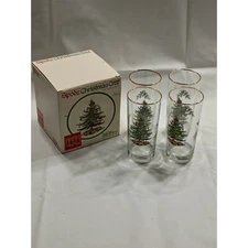 Spode Christmas Tree Highball Glasses Set of4 Gold Rim Vintage Holiday Drinkware