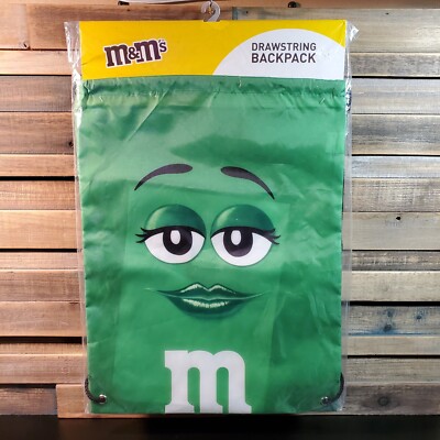 M&M's Drawstring Backpack Green Character Rare Pretty Eyes Lips Face 2019