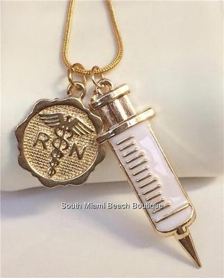 Gold RN Nursing Necklace Caduceus Syringe 18'' Nurse Graduation Gift Plated USA