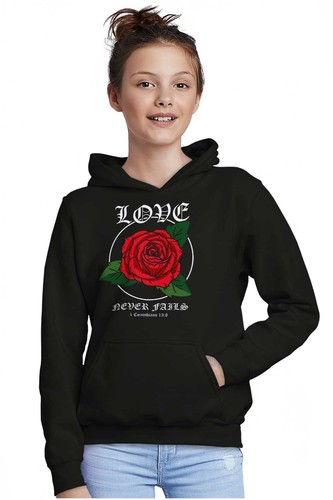 Streetwear Rose Love Never Fails Scripture Youth Hooded Sweatshirt Boy or Girl - Picture 3 of 7