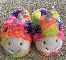 Girls Neon Pink Purple Orange Yellow Blue Unicorn Silver Fleece Slippers 2-3Y