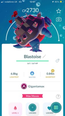Pokémon Trade Go Level 50- Gigantamax Blastoise With 3 Moves
