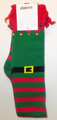 Claires rot & grün ELF Weihnachten Overknee Socken mit Glocken Damen NEU - Bild 1 von 2