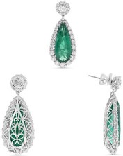 LARGE 26.12CT DIAMOND & AAA EMERALD 18KT 2 TONE GOLD PEAR SHAPE & ROUND EARRINGS