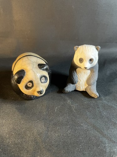 2 Panda Figurines One Raku Pottery Style