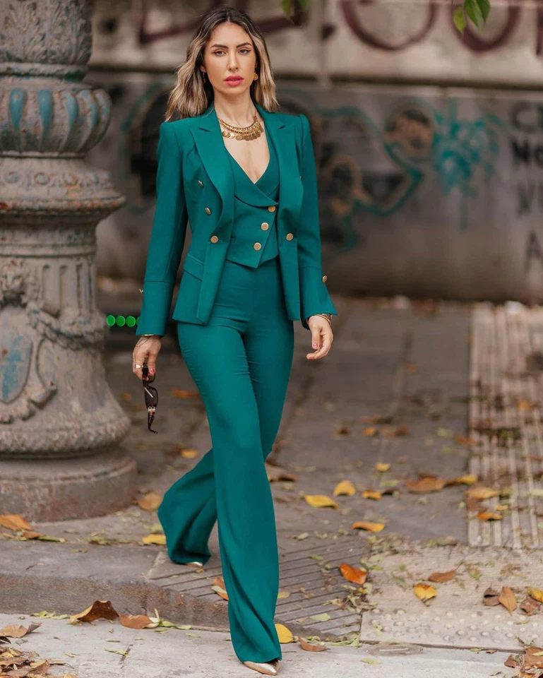 Traje para mujer de negocios con solapa de pico doble botonadura trabajo informal elegante traje pantalón Foto 2 de 4