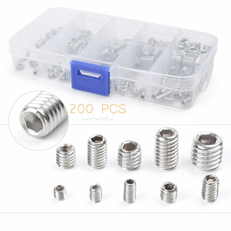200PC Hex Socket Set Screws Assortment Kit w/ Box Stainless Steel M3 M4 M5 M6 M8