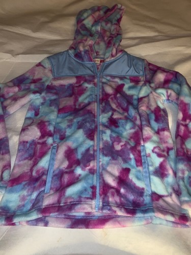 Size 14 SO Plush Faux Fur Tie Dye Zip Front Hooded Jacket White Blue Purple New - Picture 2 of 7