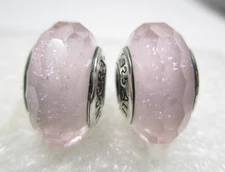 2 Pieces Fascinating Pink Shimmer Pandora Murano Glass Charms Faceted Bead July