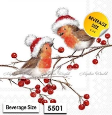 (5501) TWO Paper BEVERAGE / COCKTAIL Decoupage Art Craft Napkins CHRISTMAS BIRDS