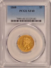 1868 $3 Indian Princess Gold Coin PCGS XF40 Pre-1933