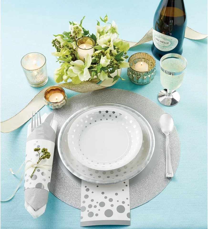 16PC Set Glitter Placement Plate Mat Decorative Silver 14" Inch Round 2 Packs - Image 2 of 2