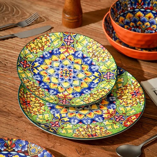 Kitchen Dinnerware Dinner Set 24Pcs Plates Dishes Bowls Tableware Bohemian Style - Picture 14 of 18